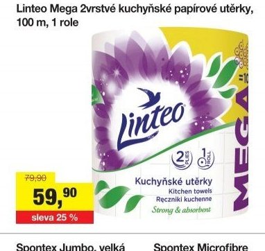 Linteo Mega 2vrstvé kuchyňské papírové utěrky, 100 m, 1 role