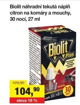 Odpařovač elektrický proti mouchám a komárům 30 nocí Plus Biolit - náplň