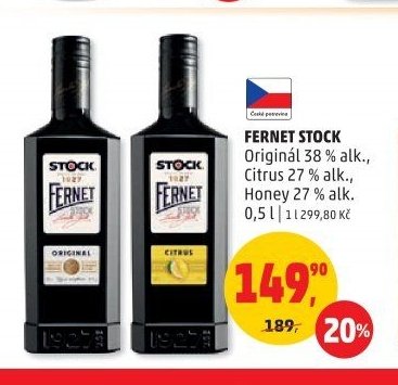 Fernet Stock Original 38 % alk., Citrus 27 % alk., Honey 27 % alk. 0,5 l