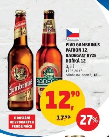 PIVO GAMBRINUS PATRON 12, RADEGAST RYZE HOŘKÁ 12