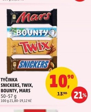 Tyčinka Snickers, Twix, Bounty, Mars