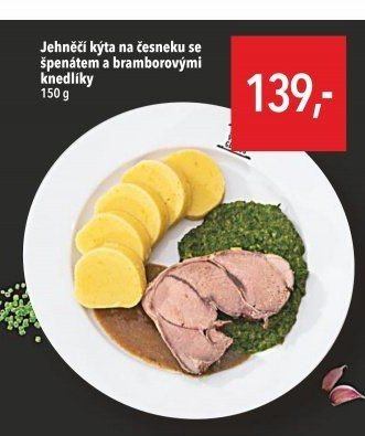 Jehněčí kýta na česneku se špenátem a bramborovými knedlíky 150 g