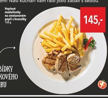 Vepřové medailonky na smetanovém pepři s hranolky 150 g