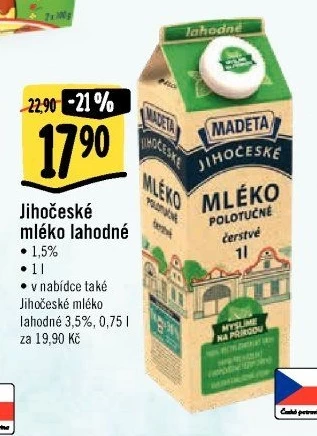 Mléko čerstvé lahodné Jihočeské Madeta - 1,5% polotučné