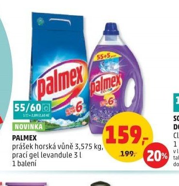 Palmex prášek horská vůně 3,575 kg, prací gel levandule 3 l
