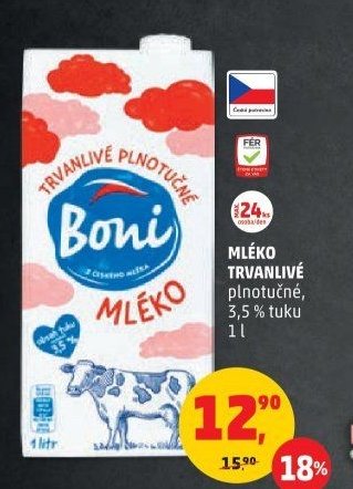 Mléko trvanlivé plnotučné 3,5 % tuku