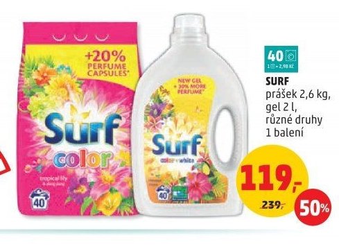 SURF prášek 2,6 kg, gel 2 l, různé druhy