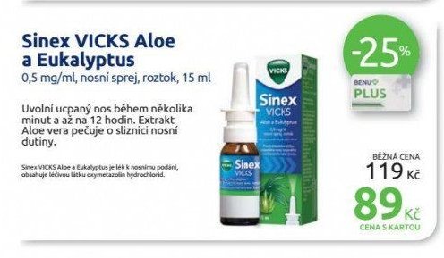 Sinex VICKS Aloe a Eukalyptus 0,5 mg/ml, nosní sprej, roztok, 15 ml