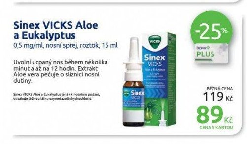 Sinex VICKS Aloe a Eukalyptus 0,5 mg/ml, nosní sprej, roztok, 15 ml