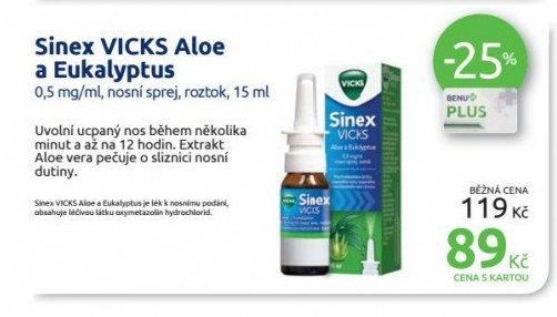 Sinex VICKS Aloe a Eukalyptus 0,5 mg/ml, nosní sprej, roztok, 15 ml