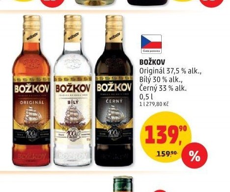 Božkov originál 38%, bílý 30%, černý 33% 0,5l