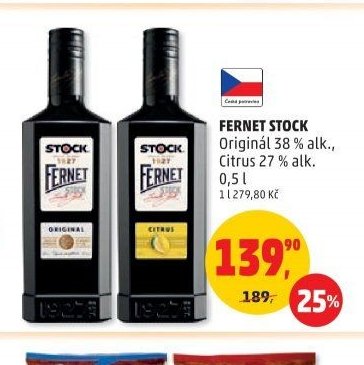 Fernet Stock originál 38%, citrus 27% 0,5l