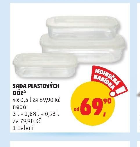 SADA PLASTOVÝCH DÓZ 4 x 0,5 l za 69,90 Kč nebo 3 l + 1,88 l + 0,93 l za 79,90 Kč 1 balení