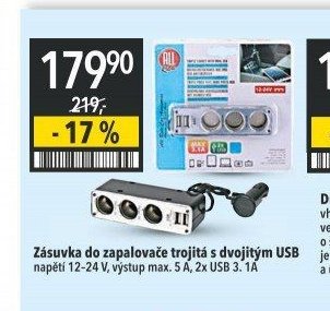 Zásuvka do zapalovače trojitá s dvojitým USB
