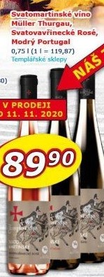 Víno Müller Thurgau Templářské sklepy Čejkovice -svatomartinské