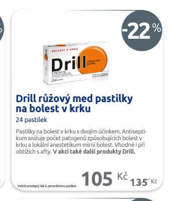 Drill růžový med pastilky na bolest v krku