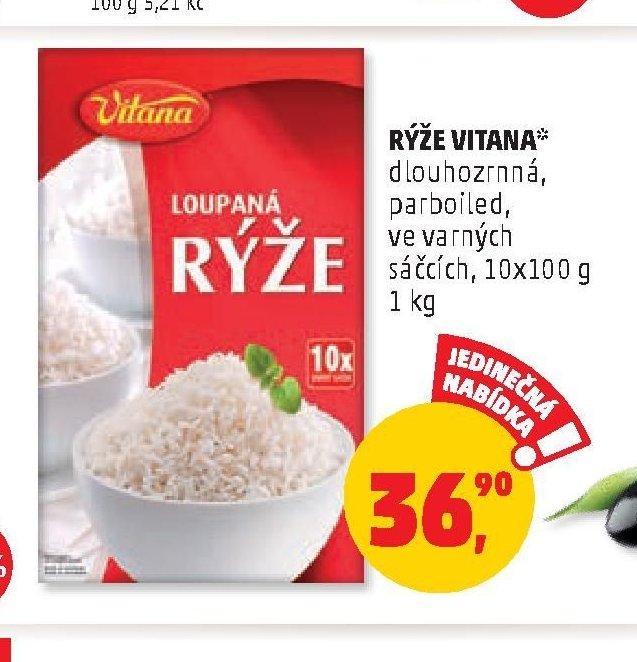 RÝŽE VITANA dlouhozrnná, parboiled, ve varných sáčcích, 10x100 g 1 kg