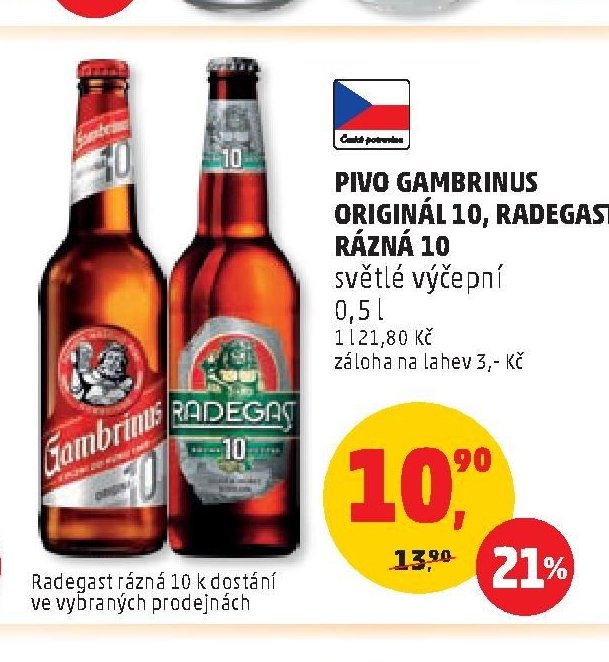 Pivo Gambrinus Originál 10, Radegast Rázná 10 světlé výčepní 0,5 l