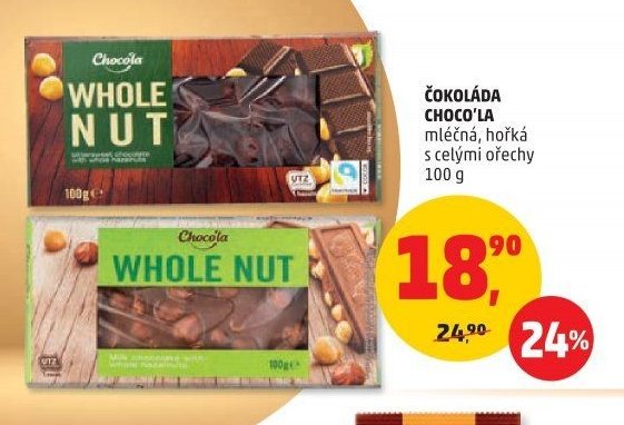 ČOKOLÁDA CHOCO'LA mléčná, hořká s celými ořechy 100 g