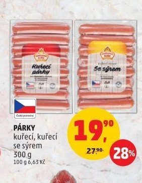 PÁRKY kuřecí, kuřecí se sýrem