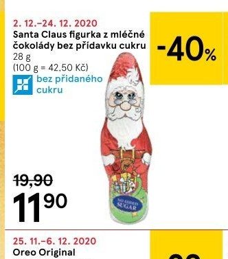 Santa Claus figurka z mléčné čokolády bez přídavku cukru