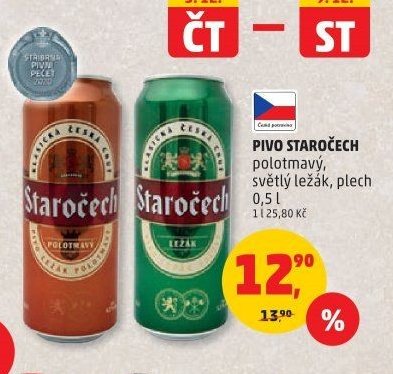 Pivo Staročech polotmavý, světlý ležák, plech 0,5 l