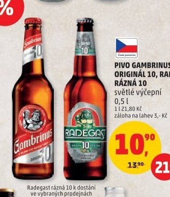 Pivo Gambrinus Originál 10, Radegast Rázná 10 světlý výčepní 0,5 l