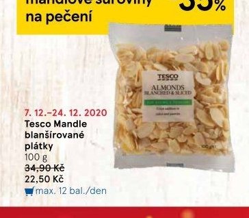 Tesco Mandle blanšírované plátky 100 g