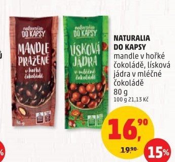 NATURALIA DO KAPSY mandle v hořké čokoládě, lísková jádra v mléčné čokoládě