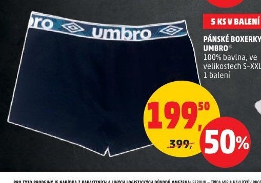 PÁNSKÉ BOXERKY UMBRO 100% bavlna, ve velikostech S-XXL 1 balení