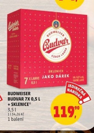 BUDWEISER BUDVAR 7X 0,5 L + SKLENICE