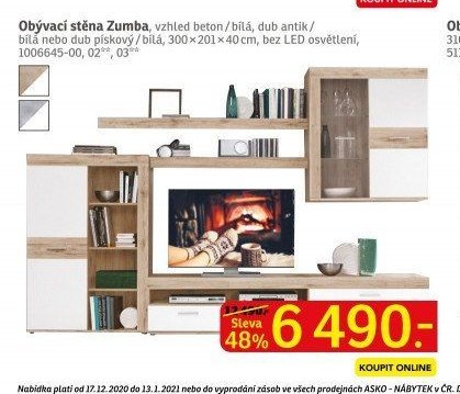 Obývací stěna Zumba, vzhled beton/bílá, dub antik/bílá nebo dub pískový/bílá - ASKO akcniletaky.com