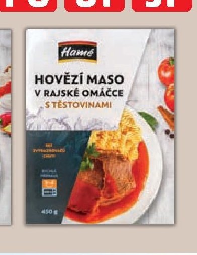 Hamé Hovězí maso v rajské omáčce s těstovinami