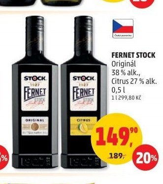 FERNET STOCK Originál 38 % alk., Citrus 27 % alk. 0,5 l