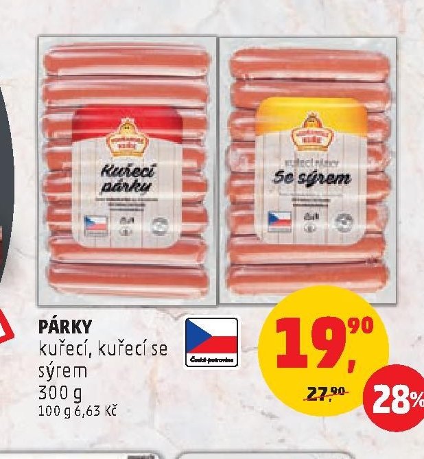 PÁRKY kuřecí, kuřecí se sýrem