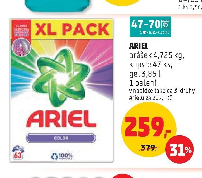 Ariel prášek 4,725 kg, kapsle 47 ks, gel 3,85 l