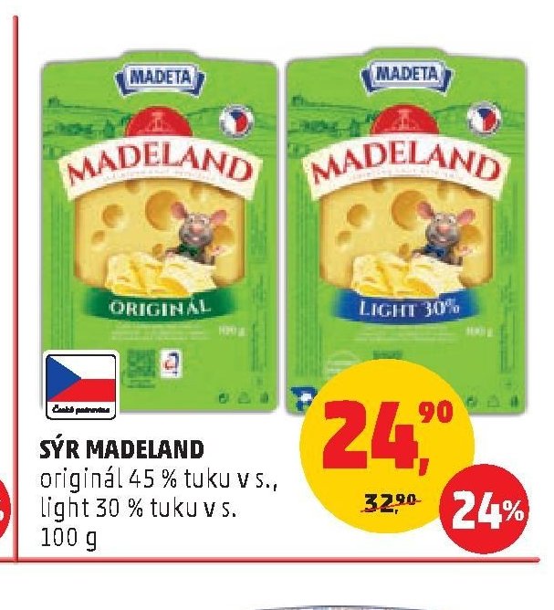 Sýr Madeland originál 45 % tuku v s., light 30 % tuku v s. 100 g