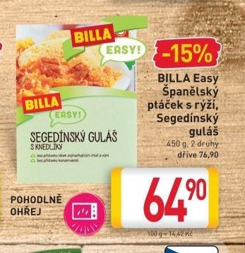 BILLA Easy Španělský ptáček s rýží, Segedínský guláš