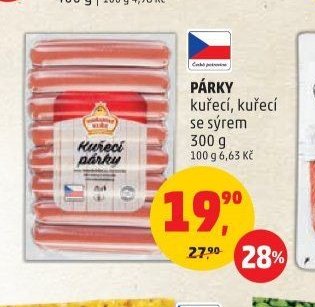 PÁRKY kuřecí, kuřecí se sýrem