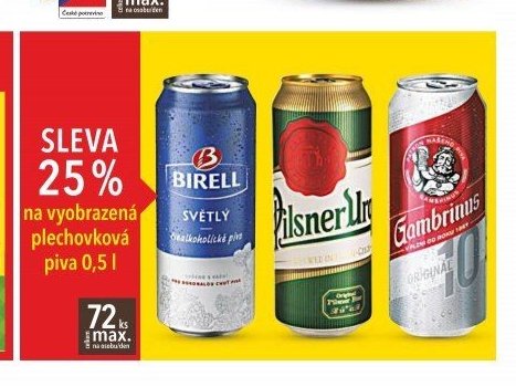 Plechovková piva (Birell, Pilsner Urquell, Gambrinus)