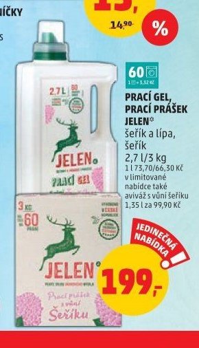 PRACÍ GEL, PRACÍ PRÁŠEK JELEN* šeřík a lípa, šeřík 2,7 l/3 kg
