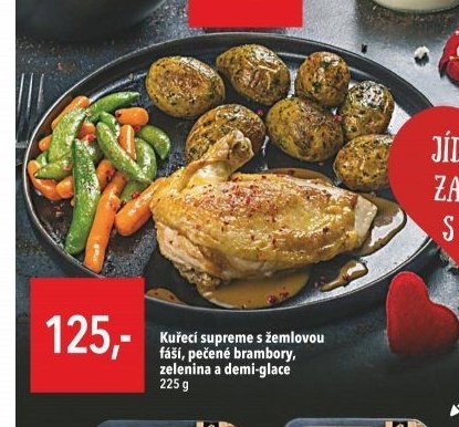 Kuřecí supreme s žemlovou fází, pečené brambory, zelenina a demi-glace 225 g