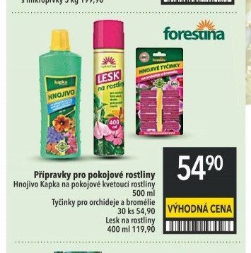 Přípravky pro pokojové rostliny, Hnojivo Kapka na pokojové kvetoucí rostliny 500 ml, Tyčinky pro orchideje a bromélie 30 ks, Lesk na rostliny 400 ml
