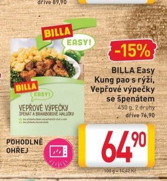 BILLA Easy Kung pao s rýží, Vepřové výpečky se špenátem