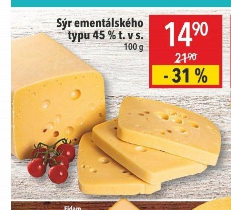 Sýr ementálského typu 45 % t. v s. 100 g