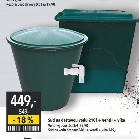 Sud na dešťovou vodu 210 l + ventil + víko