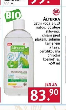 ALTERRA ústní voda s BIO mátou, posiluje sklovinu, chrání před plakem, zubním kamenem a kazy, certifikovaná přírodní kosmetika, 450 ml