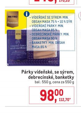 Párky vídeňské, se sýrem, debrecínské, banketky