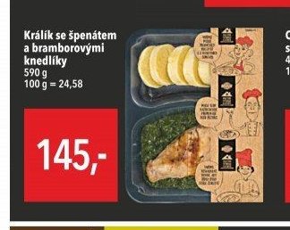 Králík se špenátem a bramborovými knedlíky