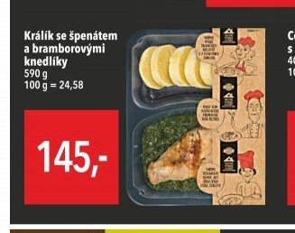 Králík se špenátem a bramborovými knedlíky